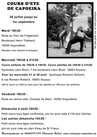 Cours d'été de capoeira à Angoulême